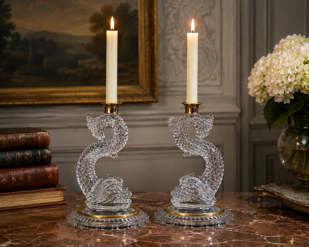 Pair Of Dolphin Candleholders Made Of Pressed And Molded Glass With Brass Moldings-photo-7