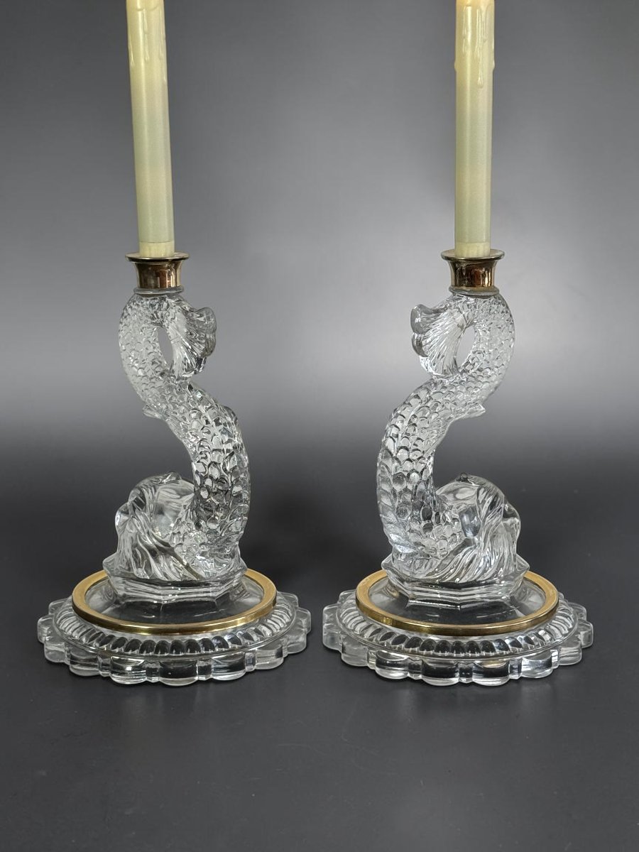 Pair Of Dolphin Candleholders Made Of Pressed And Molded Glass With Brass Moldings-photo-8