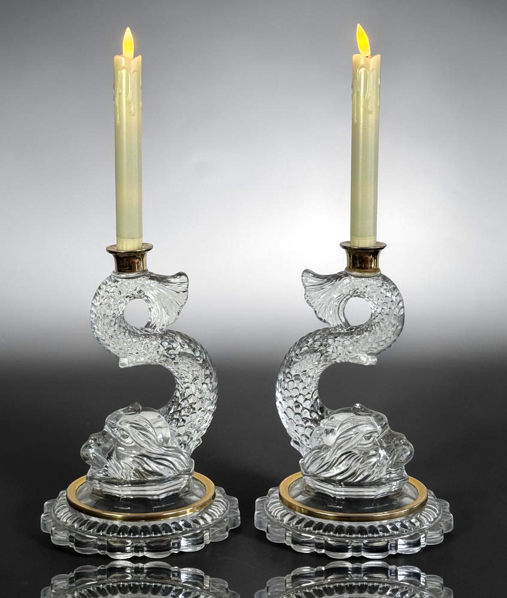 Pair Of Dolphin Candleholders Made Of Pressed And Molded Glass With Brass Moldings