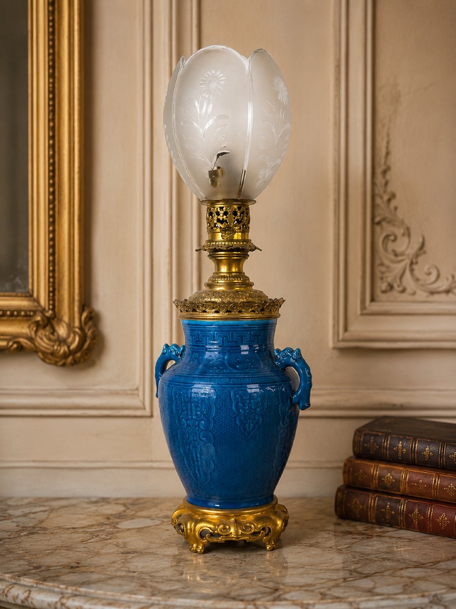 LAMPE A PETROLE EN CERAMIQUE BLEUE SIGNÉE " CH . FICQUENET SEVRES " DU XIXe-photo-3