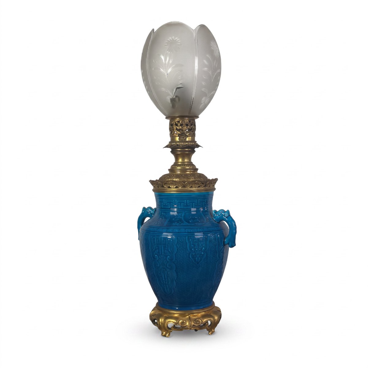 LAMPE A PETROLE EN CERAMIQUE BLEUE SIGNÉE " CH . FICQUENET SEVRES " DU XIXe-photo-6