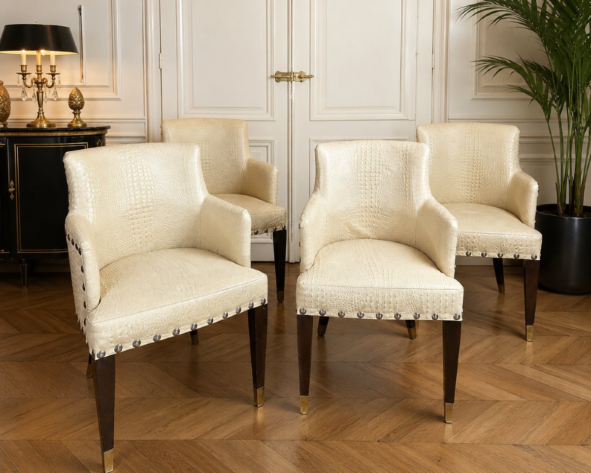 SUITE DE 4 FAUTEUILS VINTAGE DE STYLE ART DÉCO EN CUIR BEIGE FAÇON CROCO-photo-2