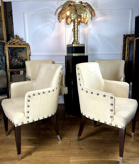 SUITE DE 4 FAUTEUILS VINTAGE DE STYLE ART DÉCO EN CUIR BEIGE FAÇON CROCO-photo-4