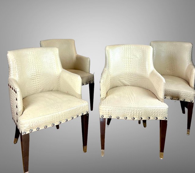 SUITE DE 4 FAUTEUILS VINTAGE DE STYLE ART DÉCO EN CUIR BEIGE FAÇON CROCO-photo-1