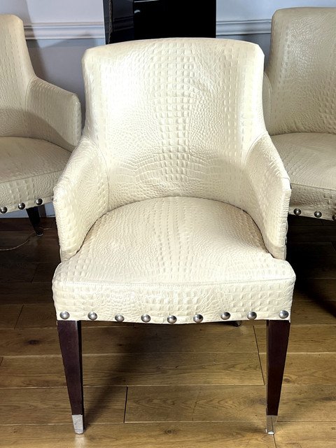 SUITE DE 4 FAUTEUILS VINTAGE DE STYLE ART DÉCO EN CUIR BEIGE FAÇON CROCO-photo-2