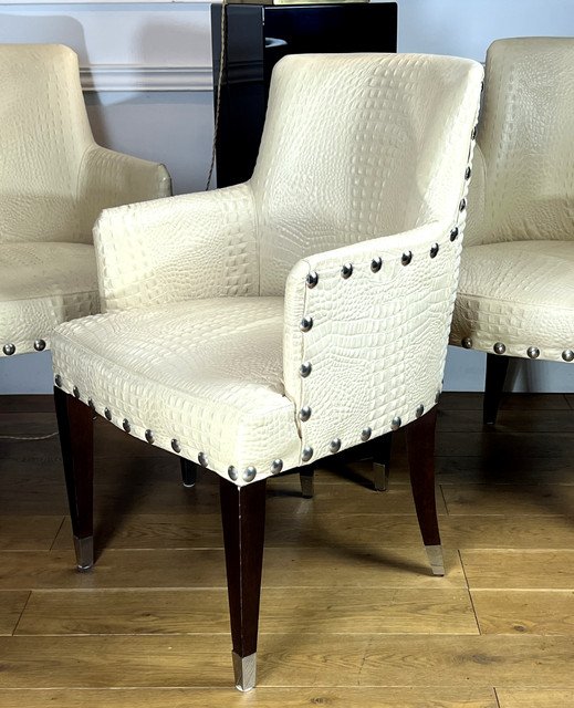 SUITE DE 4 FAUTEUILS VINTAGE DE STYLE ART DÉCO EN CUIR BEIGE FAÇON CROCO-photo-5