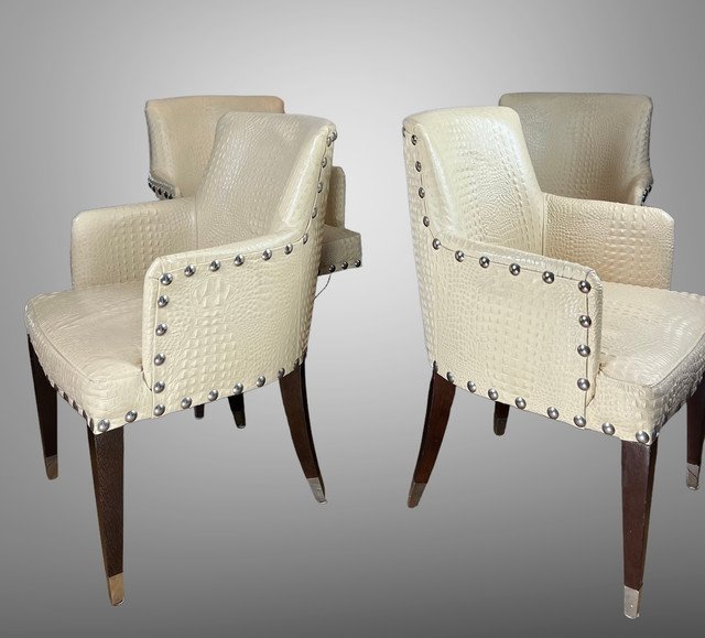SUITE DE 4 FAUTEUILS VINTAGE DE STYLE ART DÉCO EN CUIR BEIGE FAÇON CROCO-photo-7