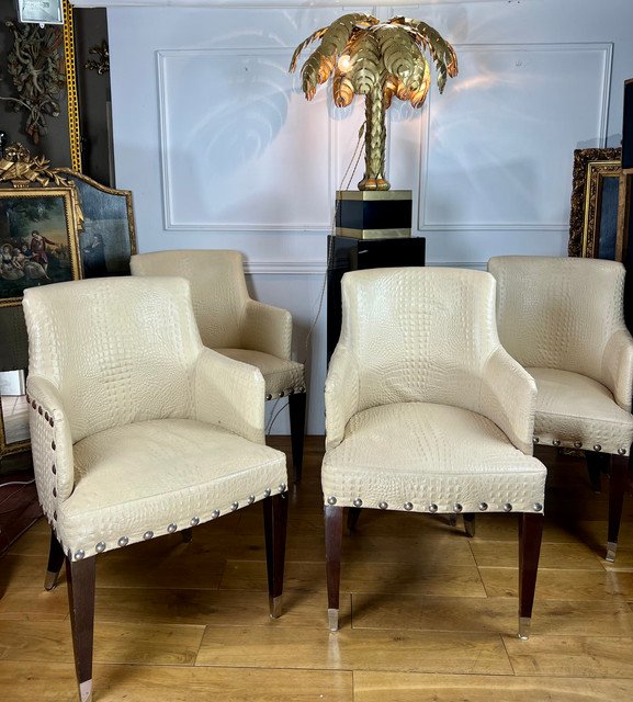 SUITE DE 4 FAUTEUILS VINTAGE DE STYLE ART DÉCO EN CUIR BEIGE FAÇON CROCO
