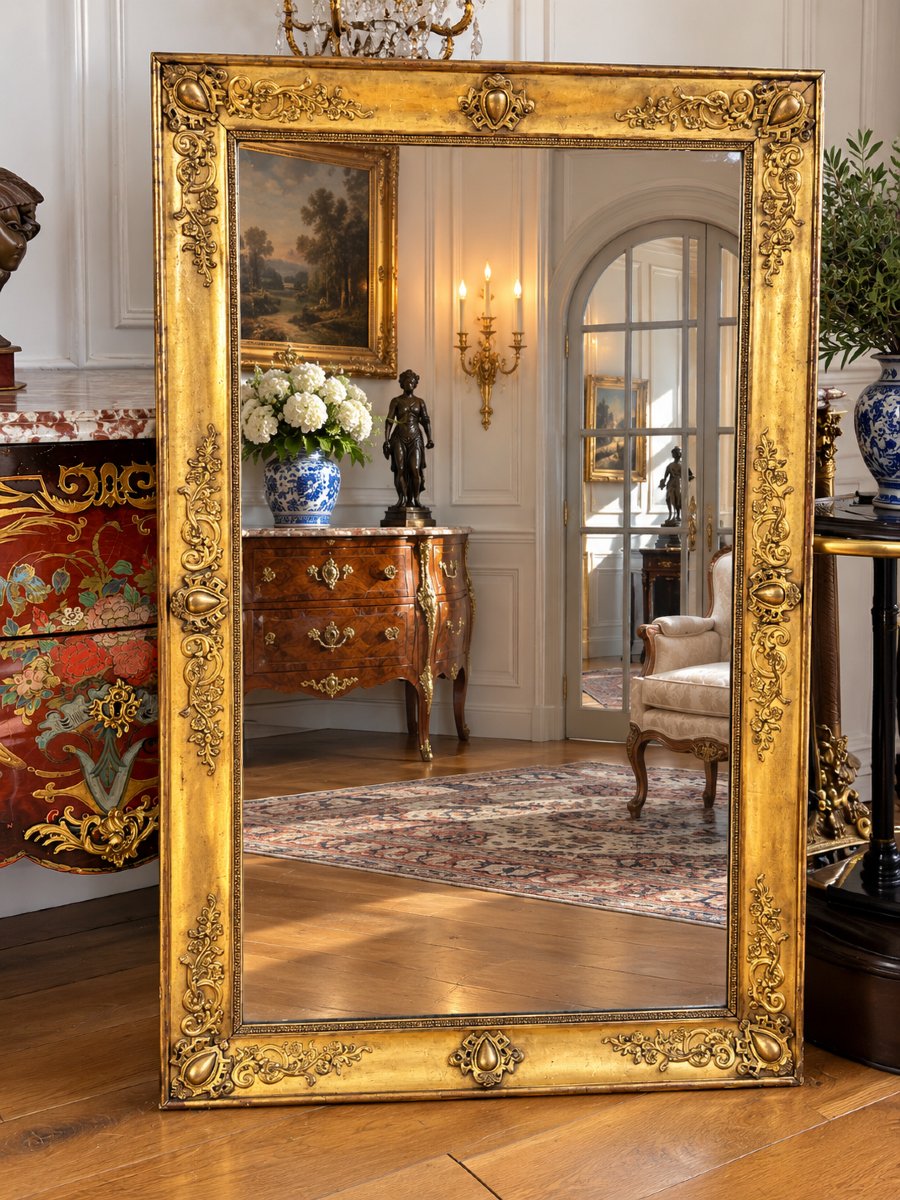 MIROIR D’ÉPOQUE EMPIRE – BELLE DORURE – GLACE AU MERCURE D’ORIGINE – XIXe SIÈCLE-photo-2
