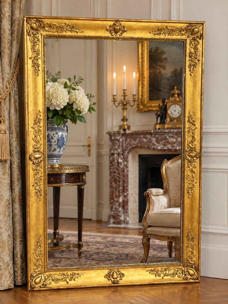 MIROIR D’ÉPOQUE EMPIRE – BELLE DORURE – GLACE AU MERCURE D’ORIGINE – XIXe SIÈCLE-photo-4