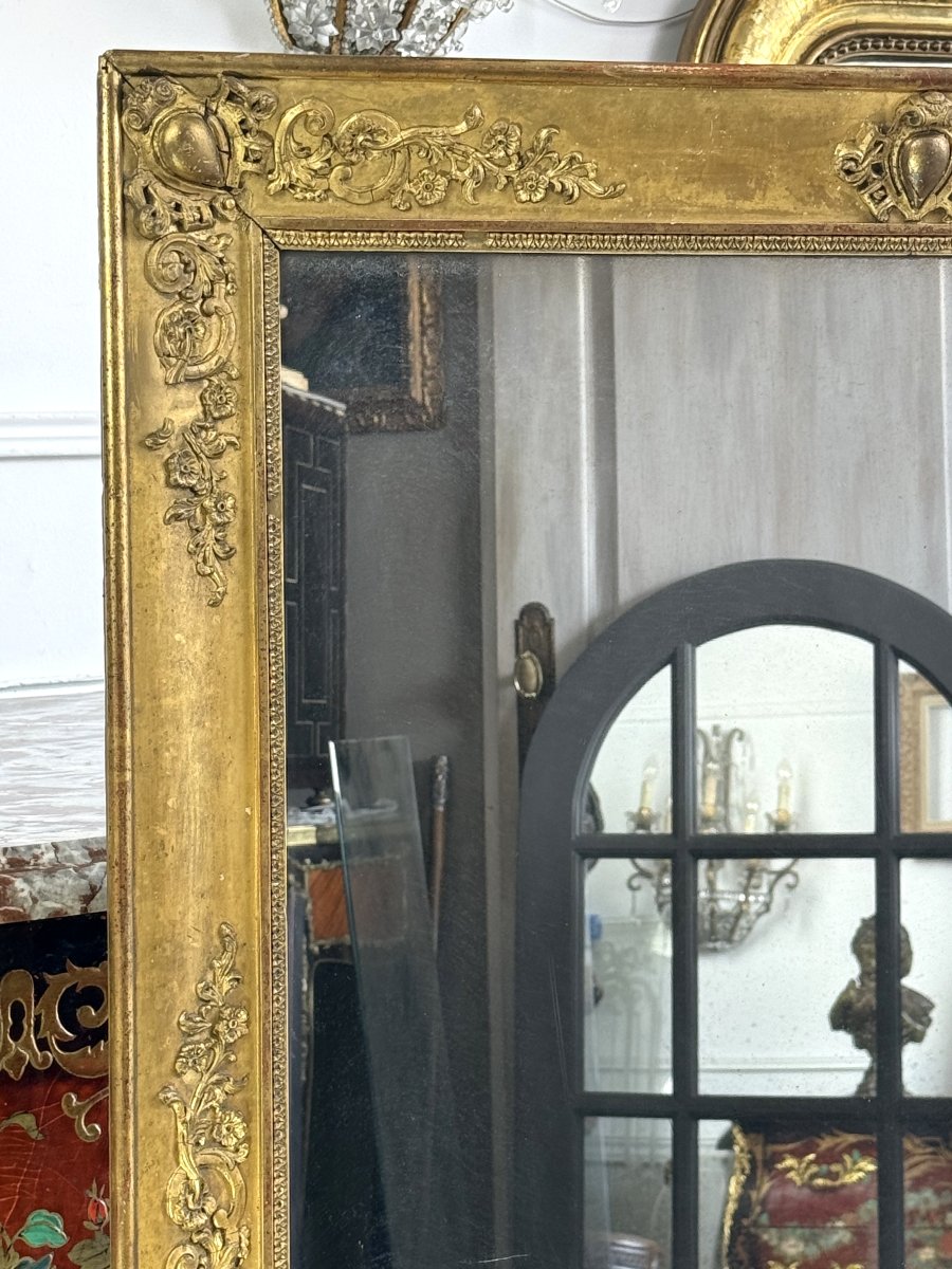 MIROIR D’ÉPOQUE EMPIRE – BELLE DORURE – GLACE AU MERCURE D’ORIGINE – XIXe SIÈCLE-photo-2