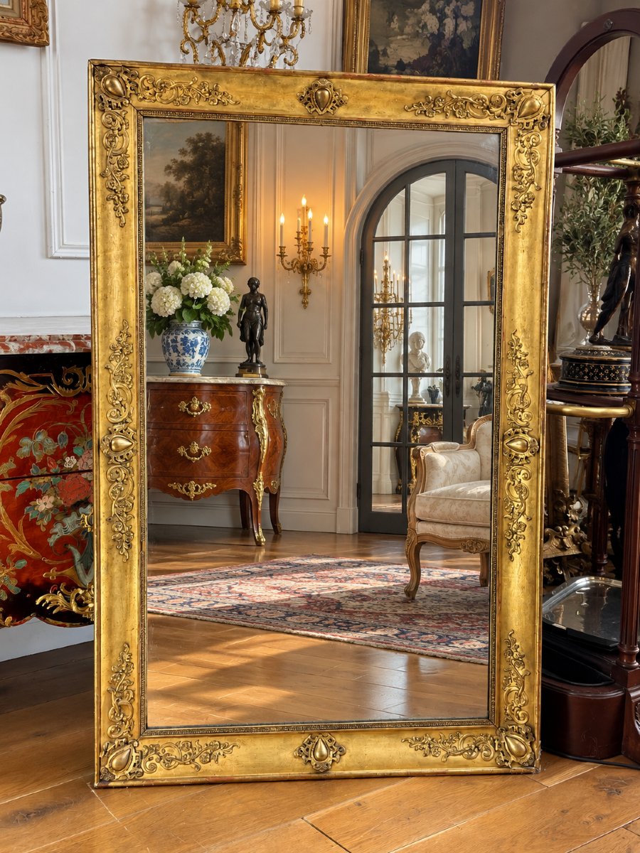 MIROIR D’ÉPOQUE EMPIRE – BELLE DORURE – GLACE AU MERCURE D’ORIGINE – XIXe SIÈCLE