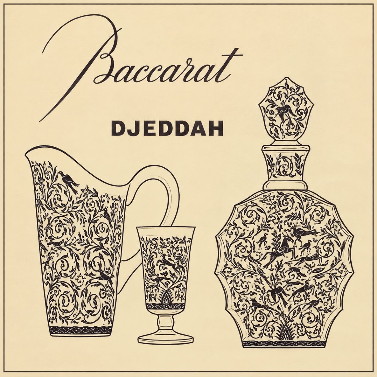 Pair Of Baccarat Decanters - “djeddah” Model – Engraved And Gilded Crystal – Circa 1946-photo-3