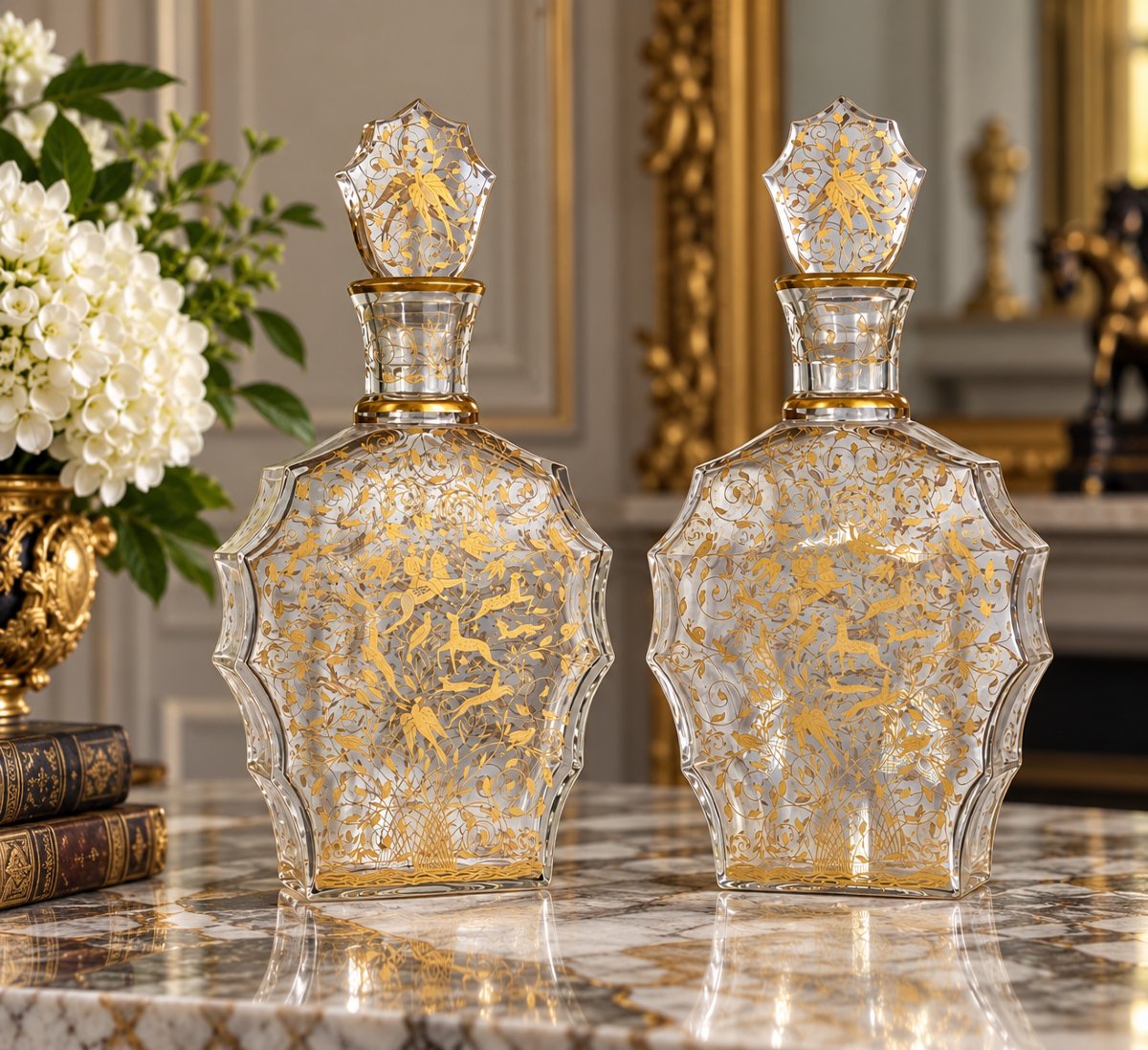 Pair Of Baccarat Decanters - “djeddah” Model – Engraved And Gilded Crystal – Circa 1946-photo-2