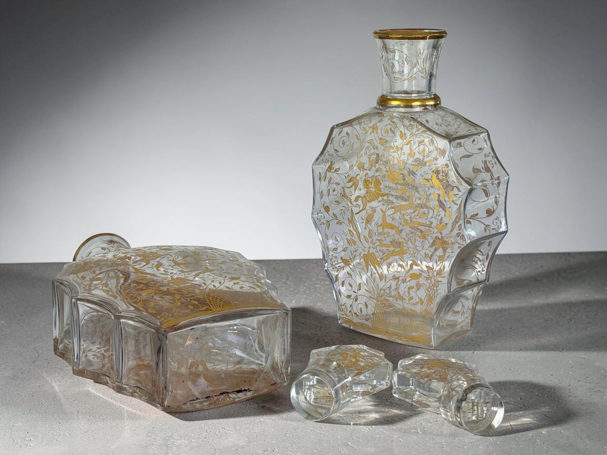 Pair Of Baccarat Decanters - “djeddah” Model – Engraved And Gilded Crystal – Circa 1946-photo-2