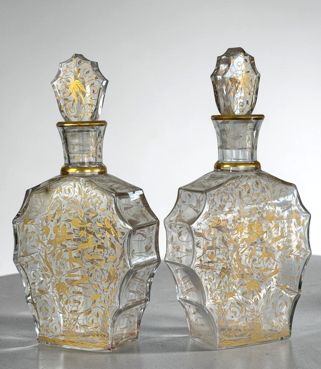 Pair Of Baccarat Decanters - “djeddah” Model – Engraved And Gilded Crystal – Circa 1946-photo-5