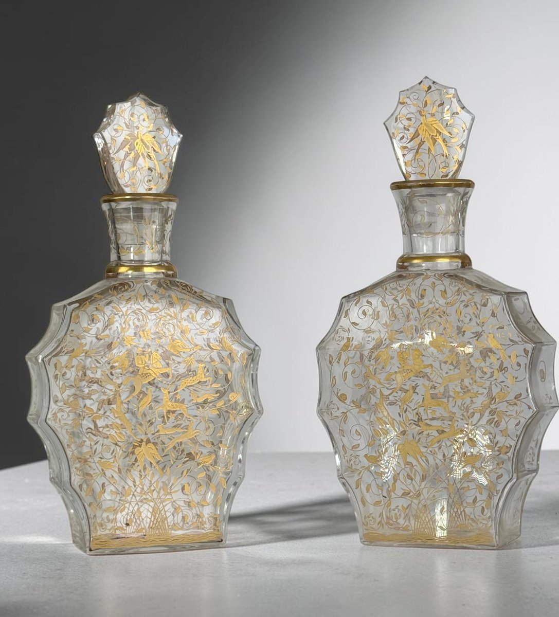 Pair Of Baccarat Decanters - “djeddah” Model – Engraved And Gilded Crystal – Circa 1946