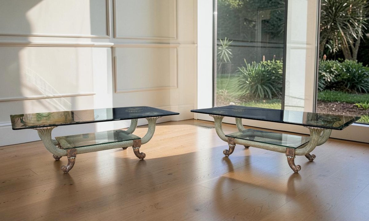 Large 1970s Coffee Table, "jansen Model," Made Of Polychrome Wood And Glass-photo-2