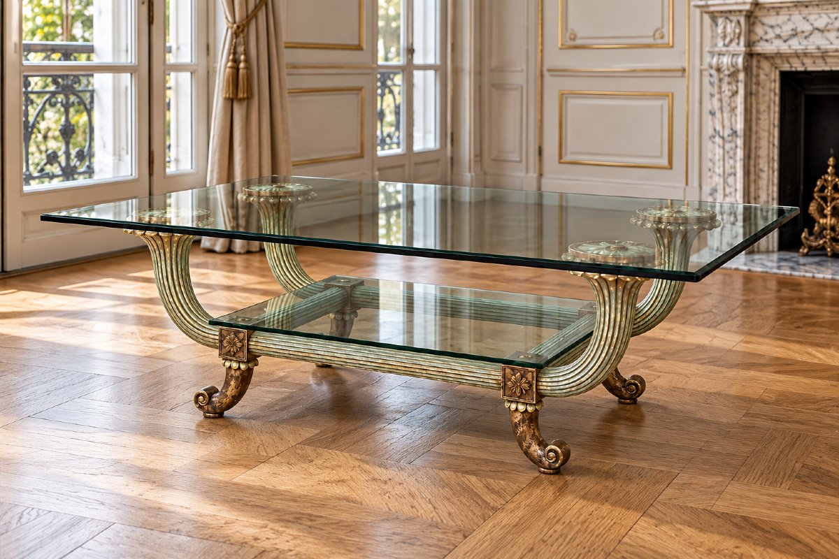 Large 1970s Coffee Table, "jansen Model," Made Of Polychrome Wood And Glass-photo-3