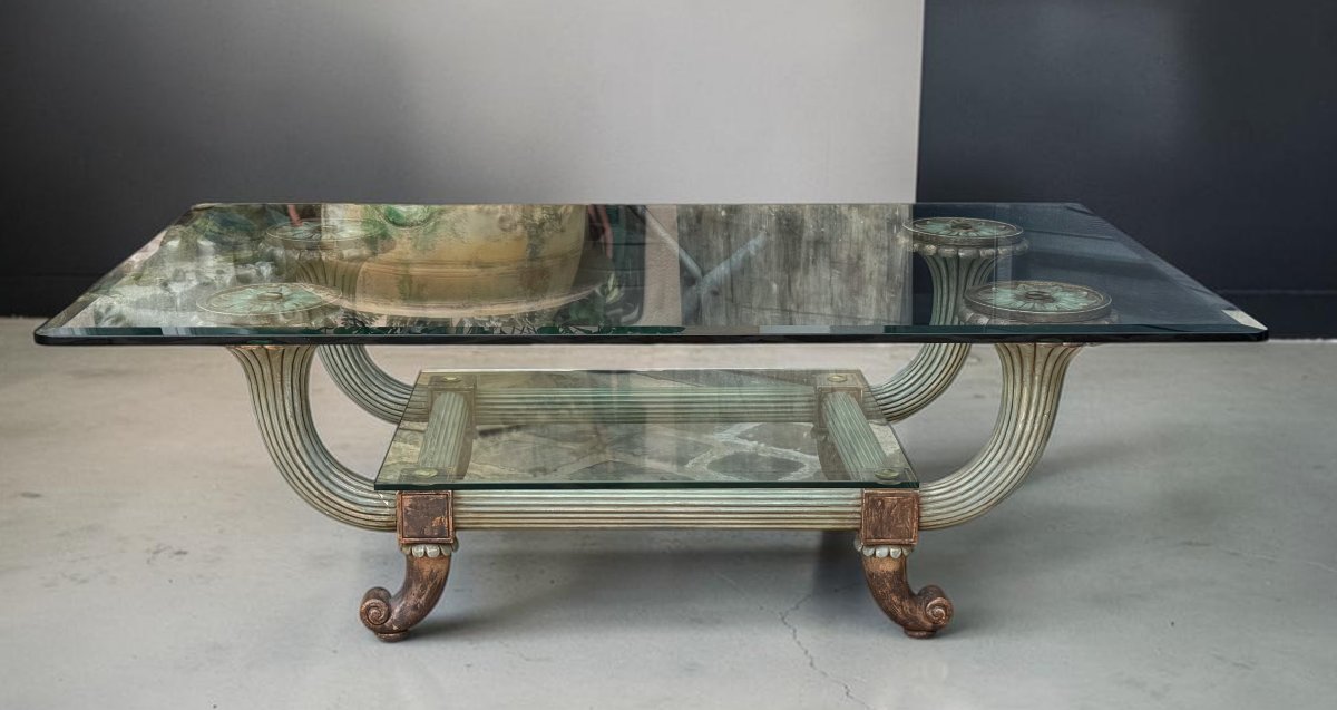 Large 1970s Coffee Table, "jansen Model," Made Of Polychrome Wood And Glass-photo-6