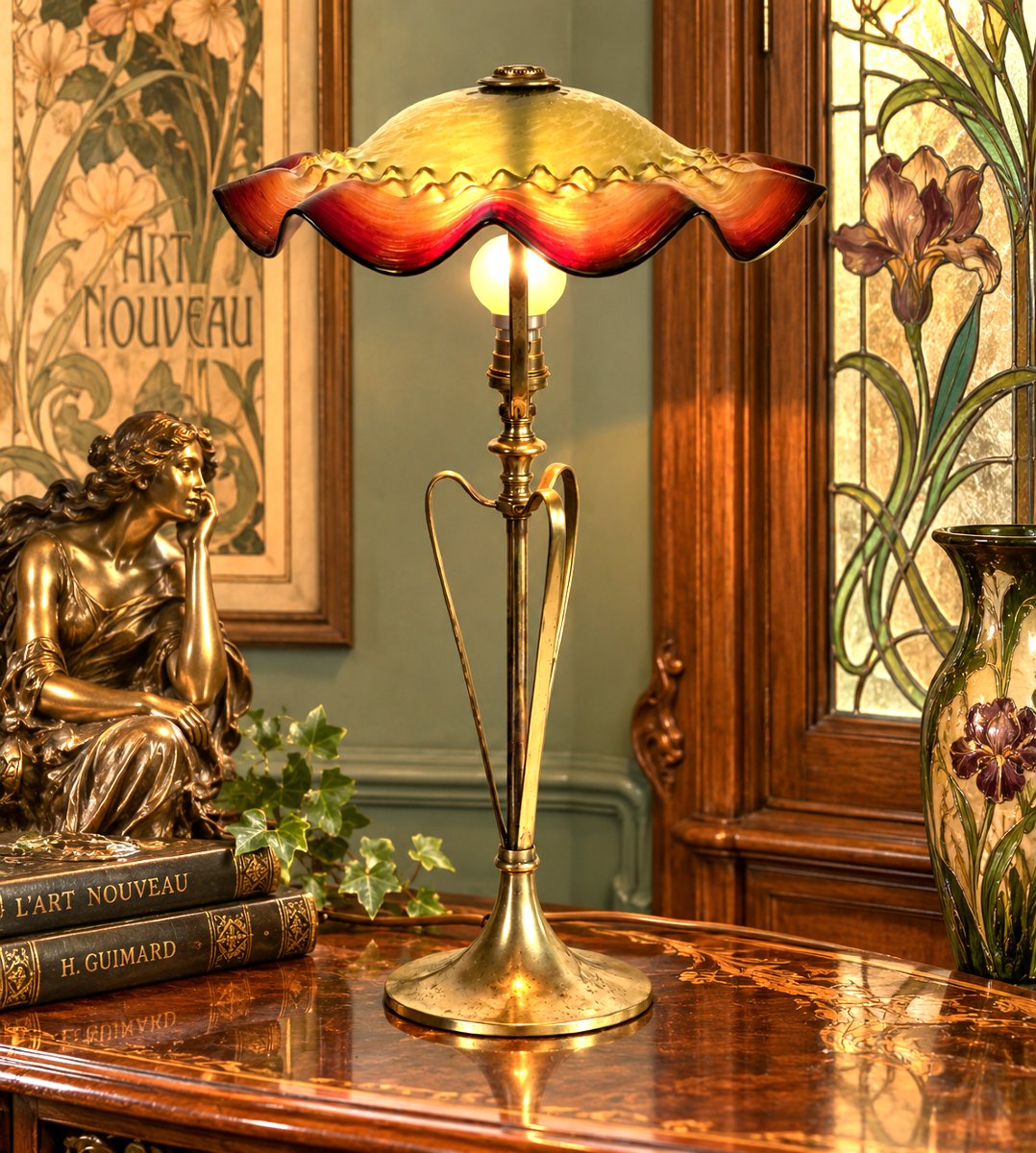 LAMPE AUTHENTIQUE EPOQUE ART NOUVEAU EN LAITON ET VERRE IRISÉ DANS L' ESPRIT LOETZ  -photo-3