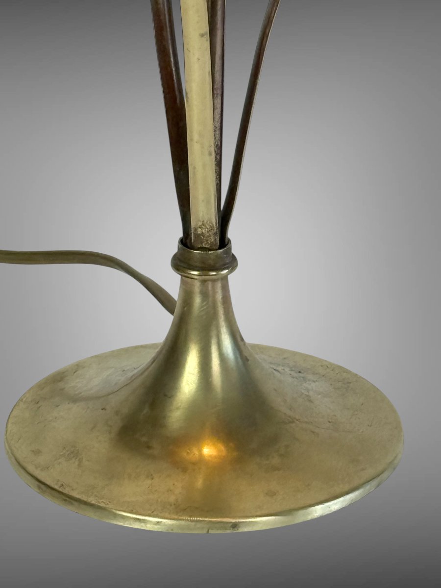 LAMPE AUTHENTIQUE EPOQUE ART NOUVEAU EN LAITON ET VERRE IRISÉ DANS L' ESPRIT LOETZ  -photo-3