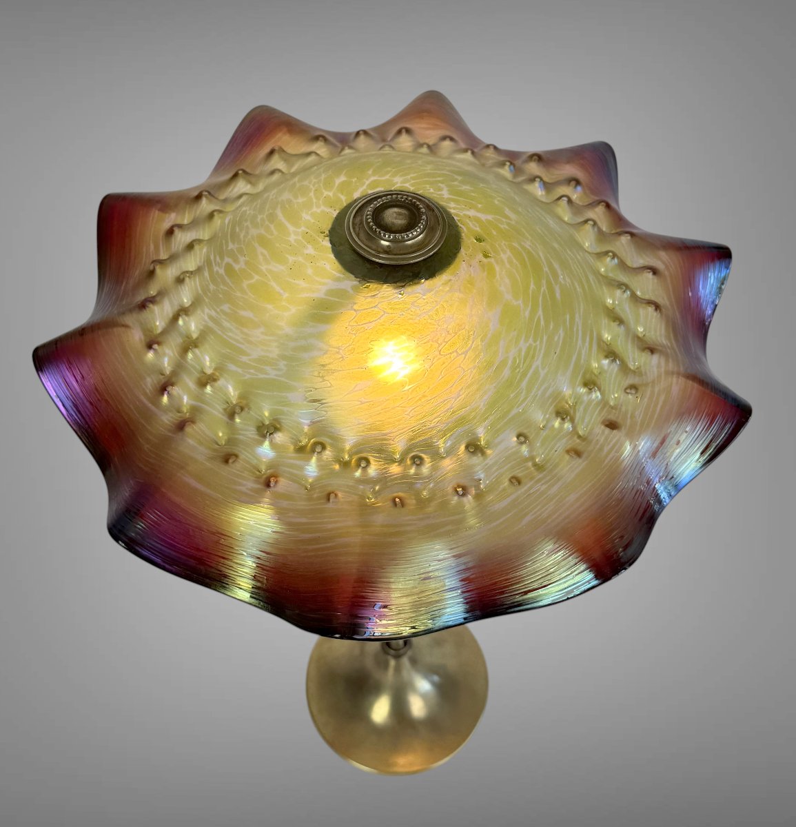 LAMPE AUTHENTIQUE EPOQUE ART NOUVEAU EN LAITON ET VERRE IRISÉ DANS L' ESPRIT LOETZ  -photo-5