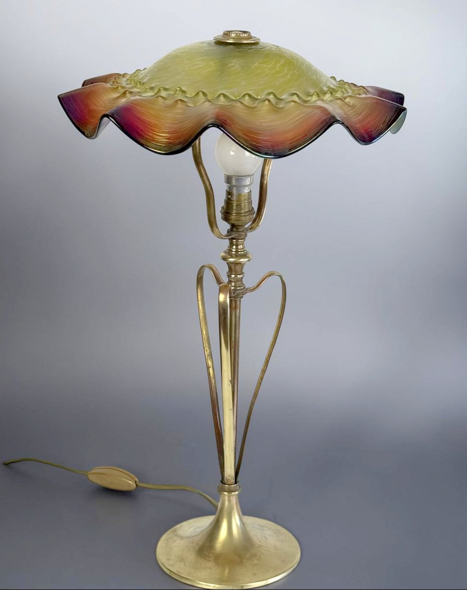 LAMPE AUTHENTIQUE EPOQUE ART NOUVEAU EN LAITON ET VERRE IRISÉ DANS L' ESPRIT LOETZ  -photo-6