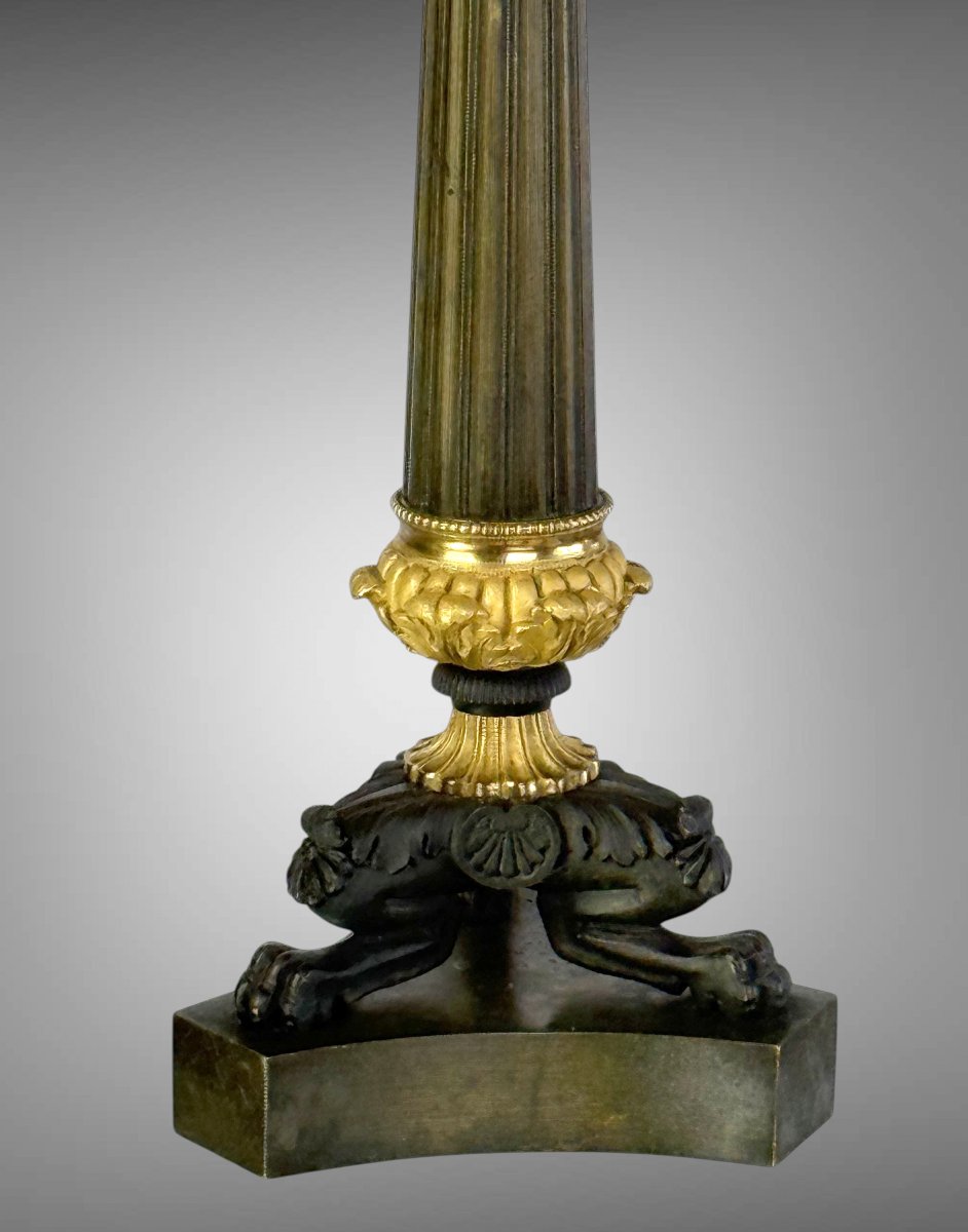PAIRE DE FLAMBEAUX EMPIRE EN BRONZE PATINÉ ET DORÉ ( DORURE AU MERCURE )-photo-7