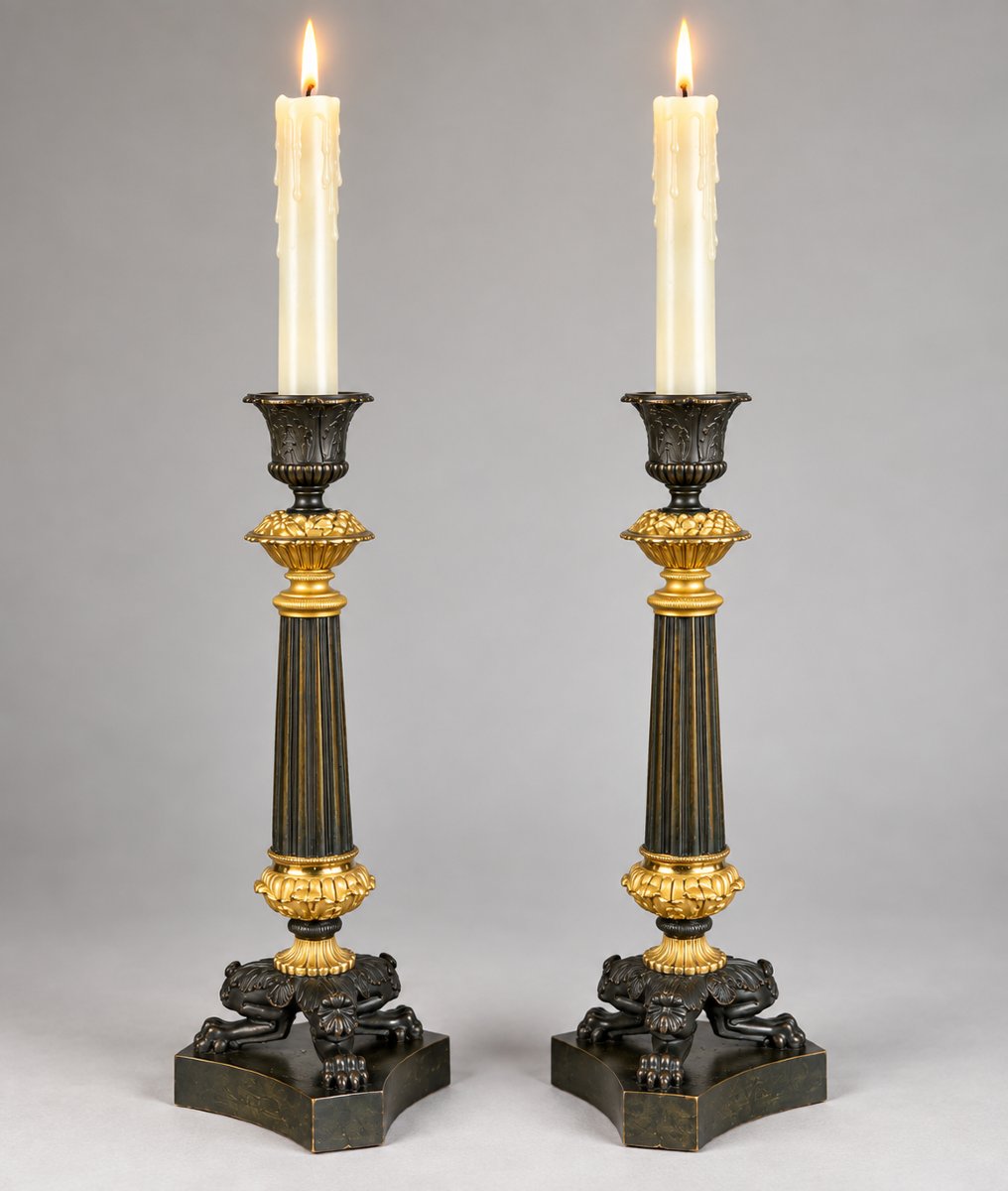 PAIRE DE FLAMBEAUX EMPIRE EN BRONZE PATINÉ ET DORÉ ( DORURE AU MERCURE )