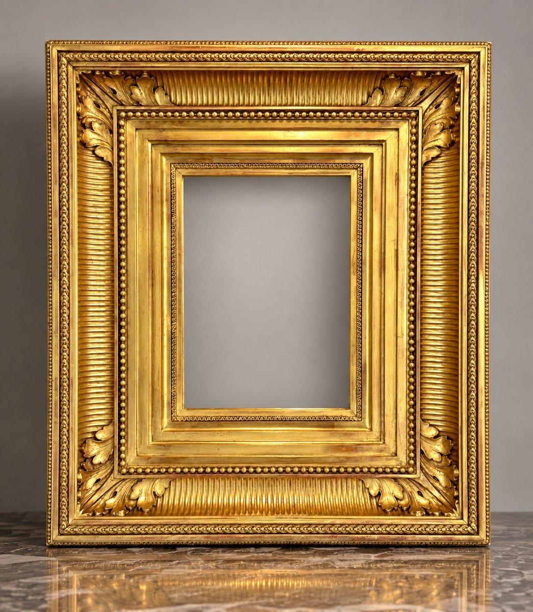 CADRE A CANAUX EN BOIS ET STUC DORÉ A LA FEUILLE D'OR POUR PEINTURE 20 CM X 27 CM 