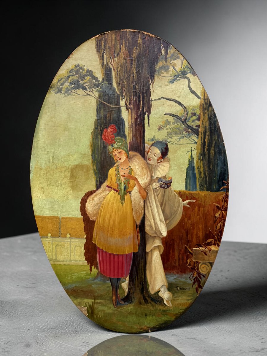 GRAND TABLEAU OVALE DE " THEODORE BOUISSET " PIERROT ET ELEGANTE EPOQUE ART DECO-photo-2