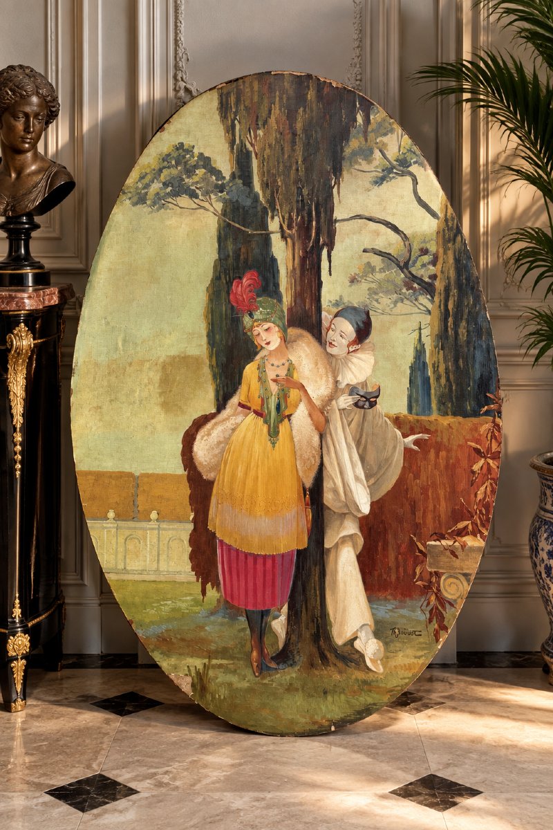 GRAND TABLEAU OVALE DE " THEODORE BOUISSET " PIERROT ET ELEGANTE EPOQUE ART DECO-photo-3