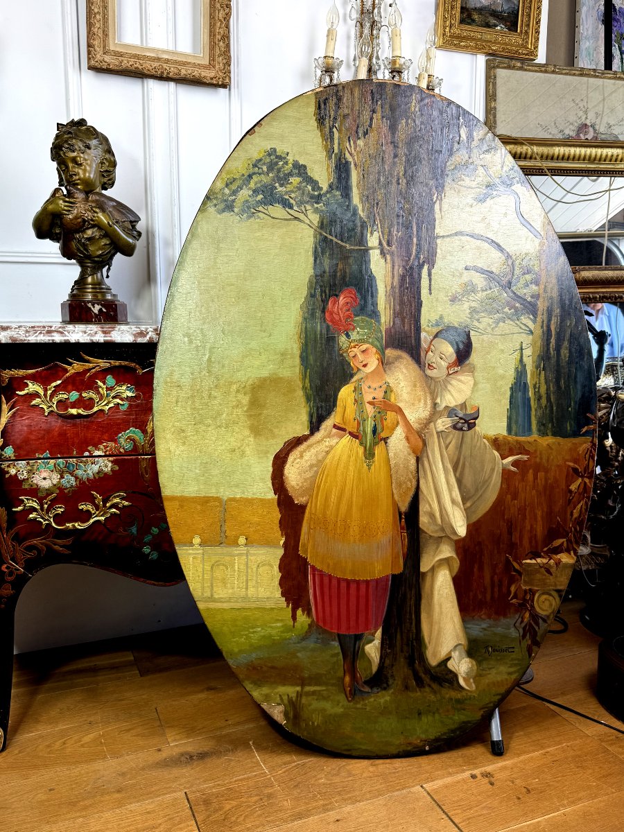 GRAND TABLEAU OVALE DE " THEODORE BOUISSET " PIERROT ET ELEGANTE EPOQUE ART DECO-photo-1