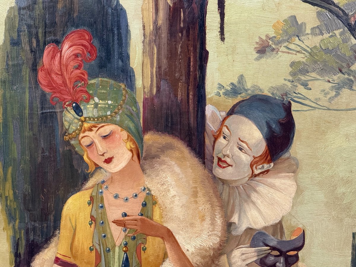 GRAND TABLEAU OVALE DE " THEODORE BOUISSET " PIERROT ET ELEGANTE EPOQUE ART DECO-photo-7