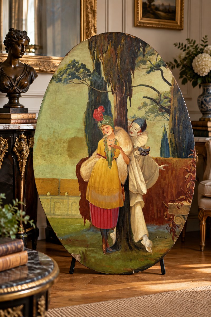 GRAND TABLEAU OVALE DE " THEODORE BOUISSET " PIERROT ET ELEGANTE EPOQUE ART DECO