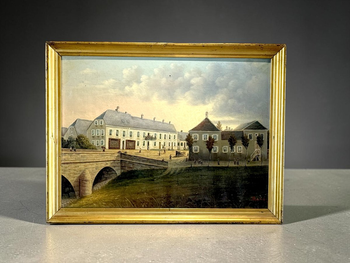 TABLEAU ANCIEN XIXe –VUE D'UNE VILLE AVEC PONT ET PERSONNAGES– HUILE SUR TOILE-photo-2