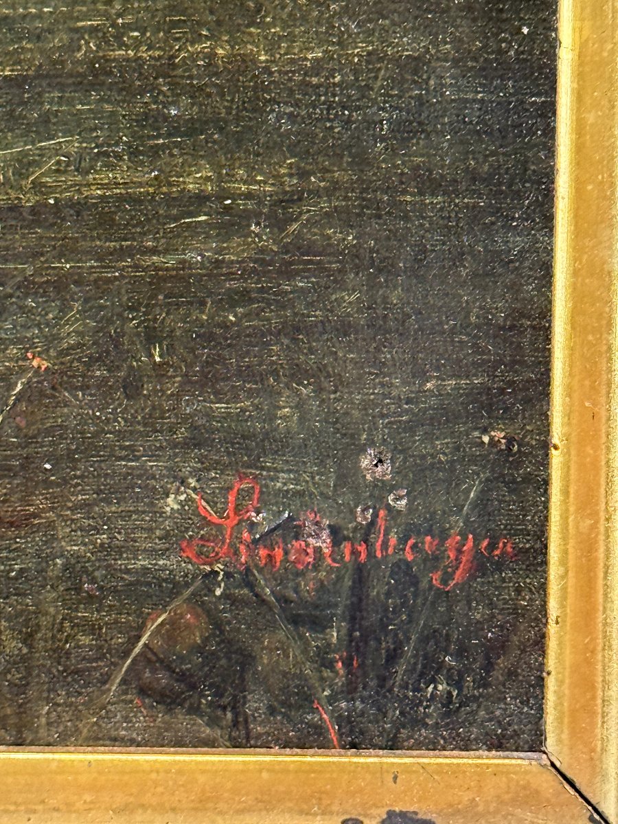 TABLEAU ANCIEN XIXe –VUE D'UNE VILLE AVEC PONT ET PERSONNAGES– HUILE SUR TOILE-photo-3