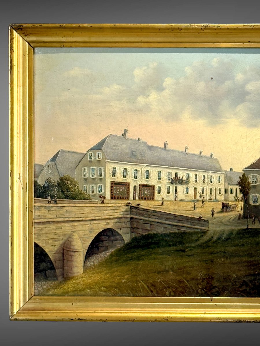 TABLEAU ANCIEN XIXe –VUE D'UNE VILLE AVEC PONT ET PERSONNAGES– HUILE SUR TOILE-photo-1