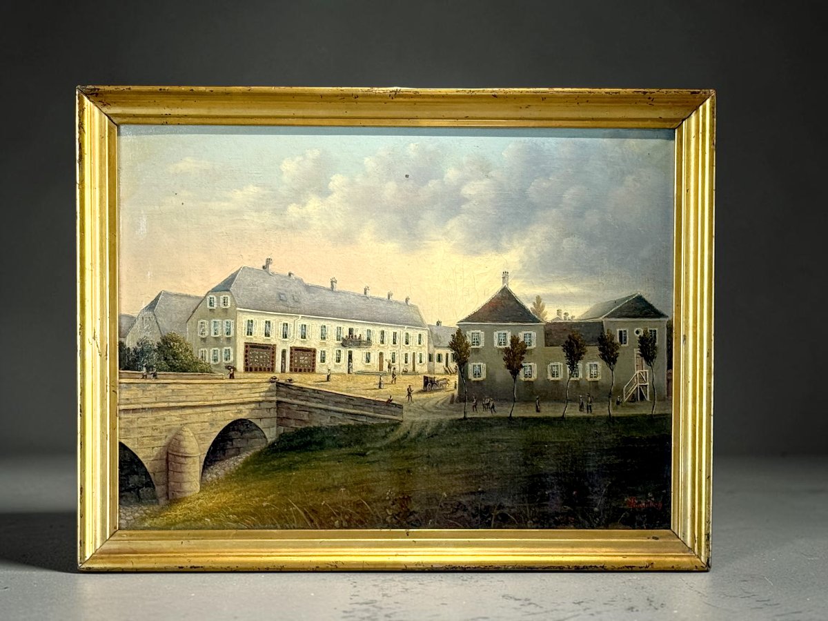 TABLEAU ANCIEN XIXe –VUE D'UNE VILLE AVEC PONT ET PERSONNAGES– HUILE SUR TOILE