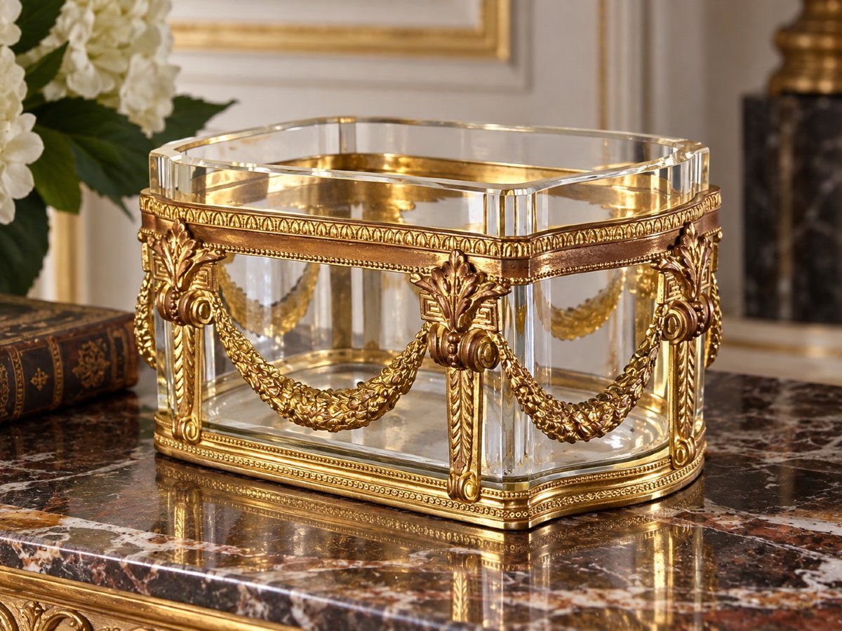 COUPE / JARDINIÈRE EN CRISTAL ÉPAIS ET BRONZE DORÉ DE STYLE LOUIS XVI