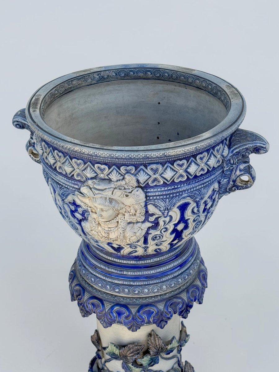 GRANDE JARDINIÈRE SUR PIÉDESTAL EN GRÈS ÉMAILLÉ DANS LE GOUT DE WESTERWALD XIXe-photo-5