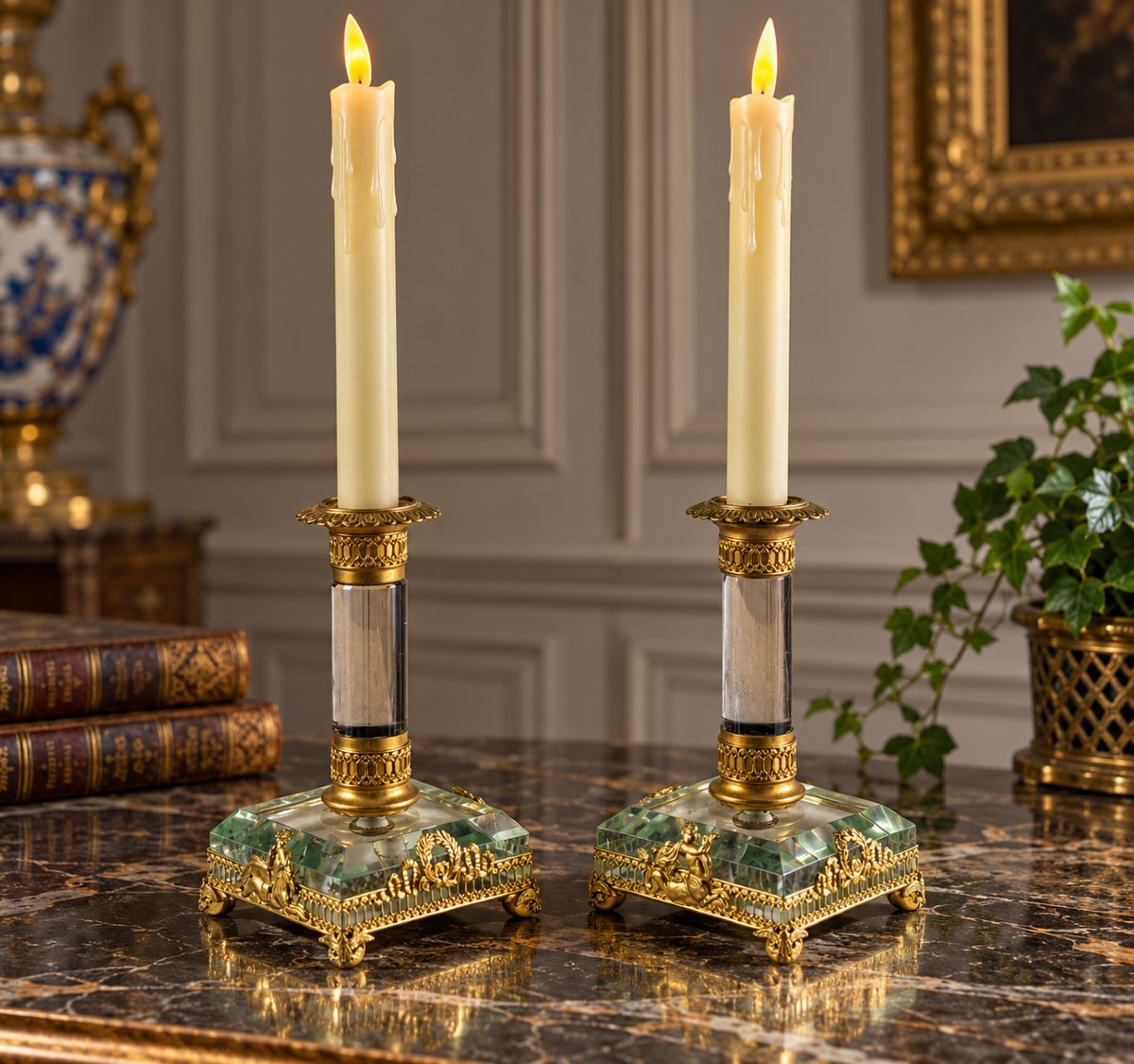 PAIRE DE BOUGEOIRS DE STYLE EMPIRE EN CRISTAL ET BRONZE DORÉ DU XIXeme SIECLE-photo-2