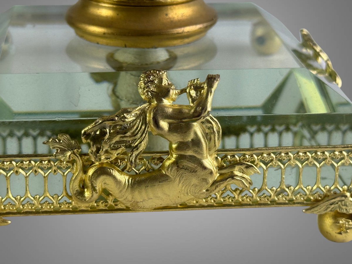 PAIRE DE BOUGEOIRS DE STYLE EMPIRE EN CRISTAL ET BRONZE DORÉ DU XIXeme SIECLE-photo-5