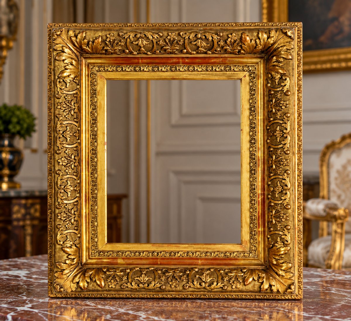CADRE ANCIEN STYLE LOUIS XIV EN BOIS ET STUC DORÉ POUR PEINTURE 37 cm x 29 cm