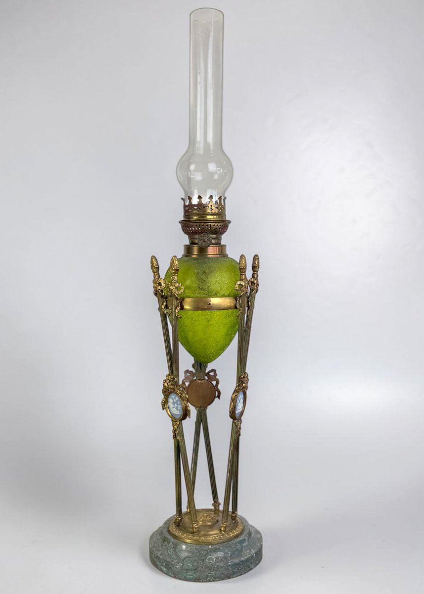 Large 19th-century Kerosene Lamp—baccarat Glass / Gilded Bronze / Cameos-photo-3