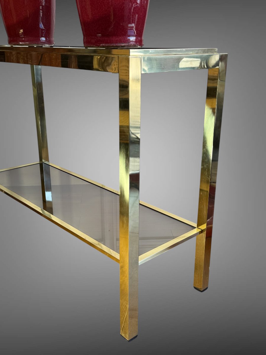 CONSOLE DESSERTE EN LAITON ET VERRE FUMÉ – STYLE MAISON JANSEN DES ANNÉES 70-photo-4