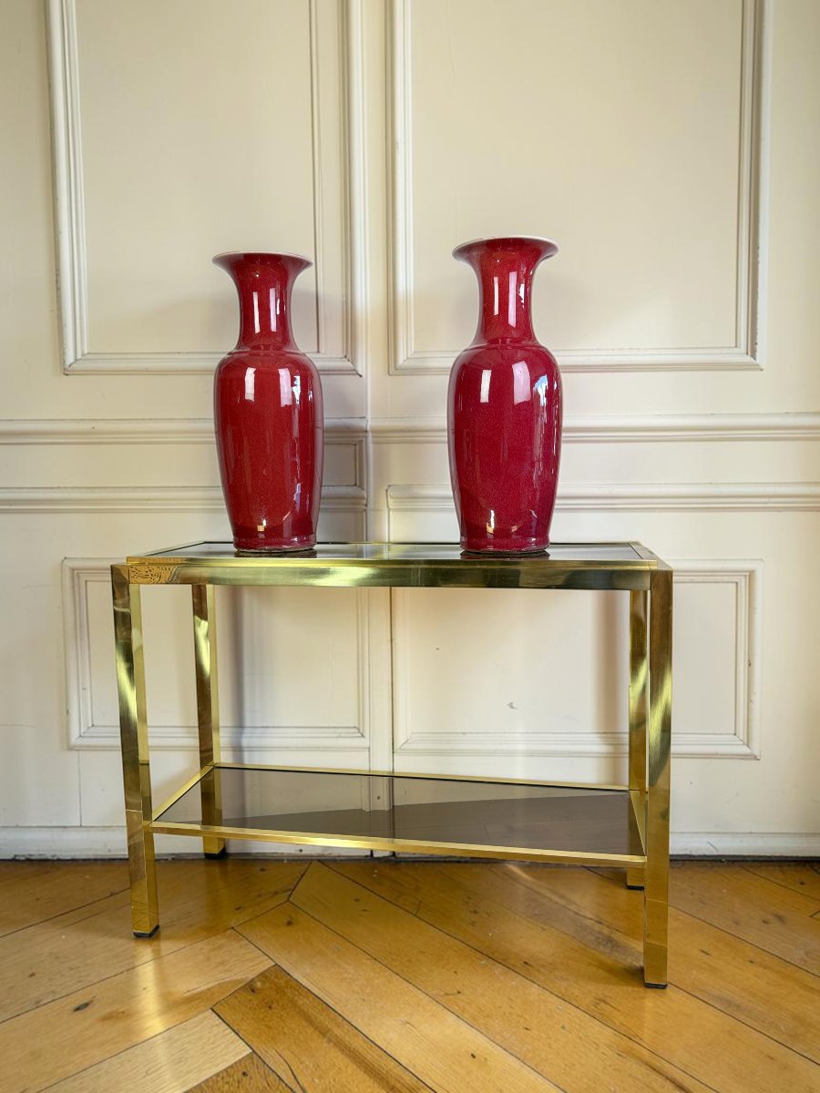 CONSOLE DESSERTE EN LAITON ET VERRE FUMÉ – STYLE MAISON JANSEN DES ANNÉES 70-photo-1