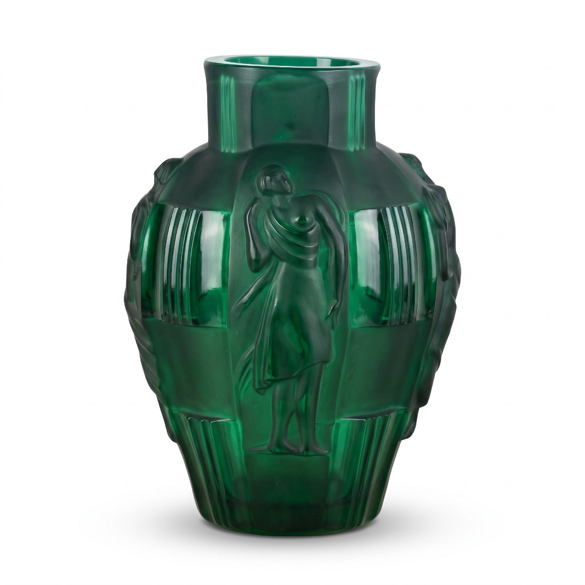 VASE ART DECO EN VERRE VERT EMERAUDE SIGNÉ DESNA DECOR DE FIGURES FEMININES-photo-2
