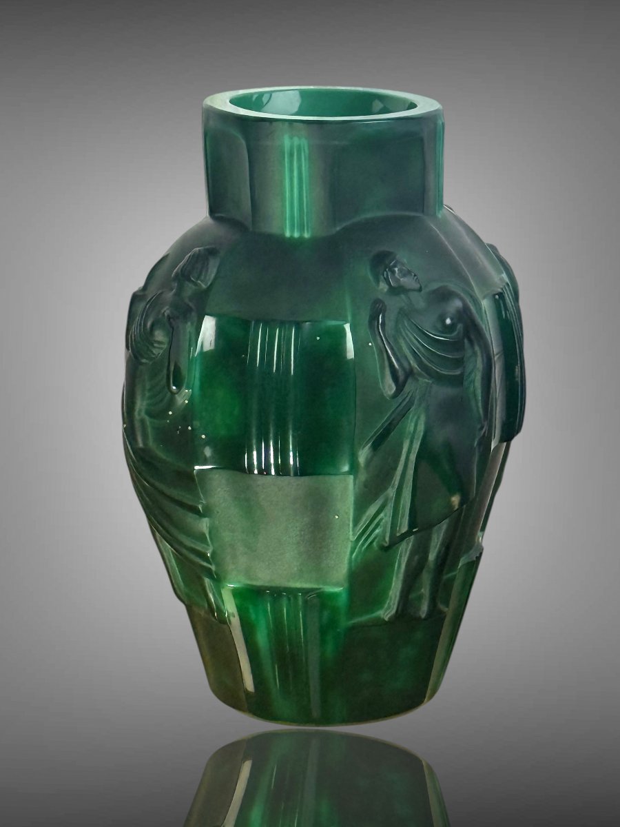 VASE ART DECO EN VERRE VERT EMERAUDE SIGNÉ DESNA DECOR DE FIGURES FEMININES-photo-7